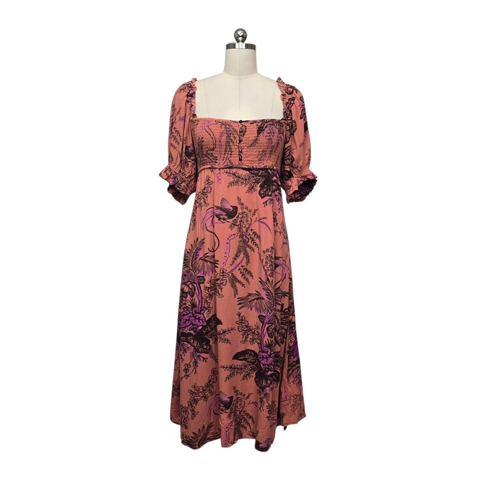 Anthropologie Smocked Tropical Bird Midi Dress Pink Purple Open Tie Back Size XS